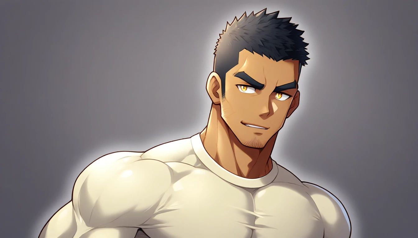 anime characters:Gyee, Muscle Sports Student, negro black skin, 1 dark skin muscular tough guy, Manliness, male focus, Light yellow high collar long sleeve tight T-shirt, Slightly transparent material, Very tight, Round, full and perky chest muscles, Slightly transparent, muscular male, muscular, only, Upper body, alone, Black short hair, Thick eyebrows, stubble, Yellow eyes, Grey background, simple background, amazing quality, best aesthetics, Ridiculous, bright pupils, crew cut, parted lips, seductive smile, torogao, naughty face, drop shadow, best quality