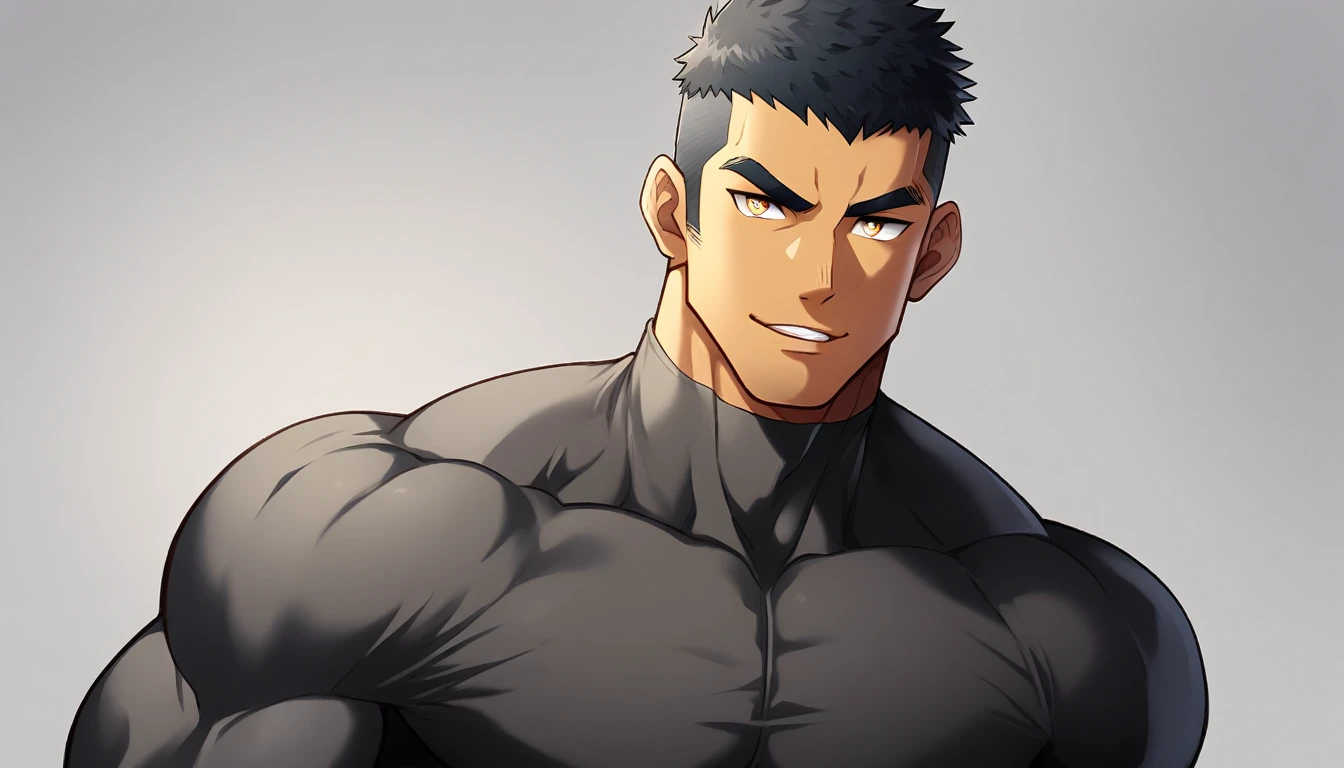 anime characters:Gyee, Muscle Sports Student, ????? black skin, 1 dark skin muscular tough guy, Manliness, male focus, Light yellow high collar long sleeve tight T-shirt, Slightly transparent material, Very tight, Round, full and perky chest muscles, Slightly transparent, muscular male, muscular, only, Upper body, alone, Black short hair, Thick eyebrows, stubble, Yellow eyes, Grey background, simple background, amazing quality, best aesthetics, Ridiculous, bright pupils, crew cut, parted lips, seductive smile, torogao, naughty face, drop shadow, best quality