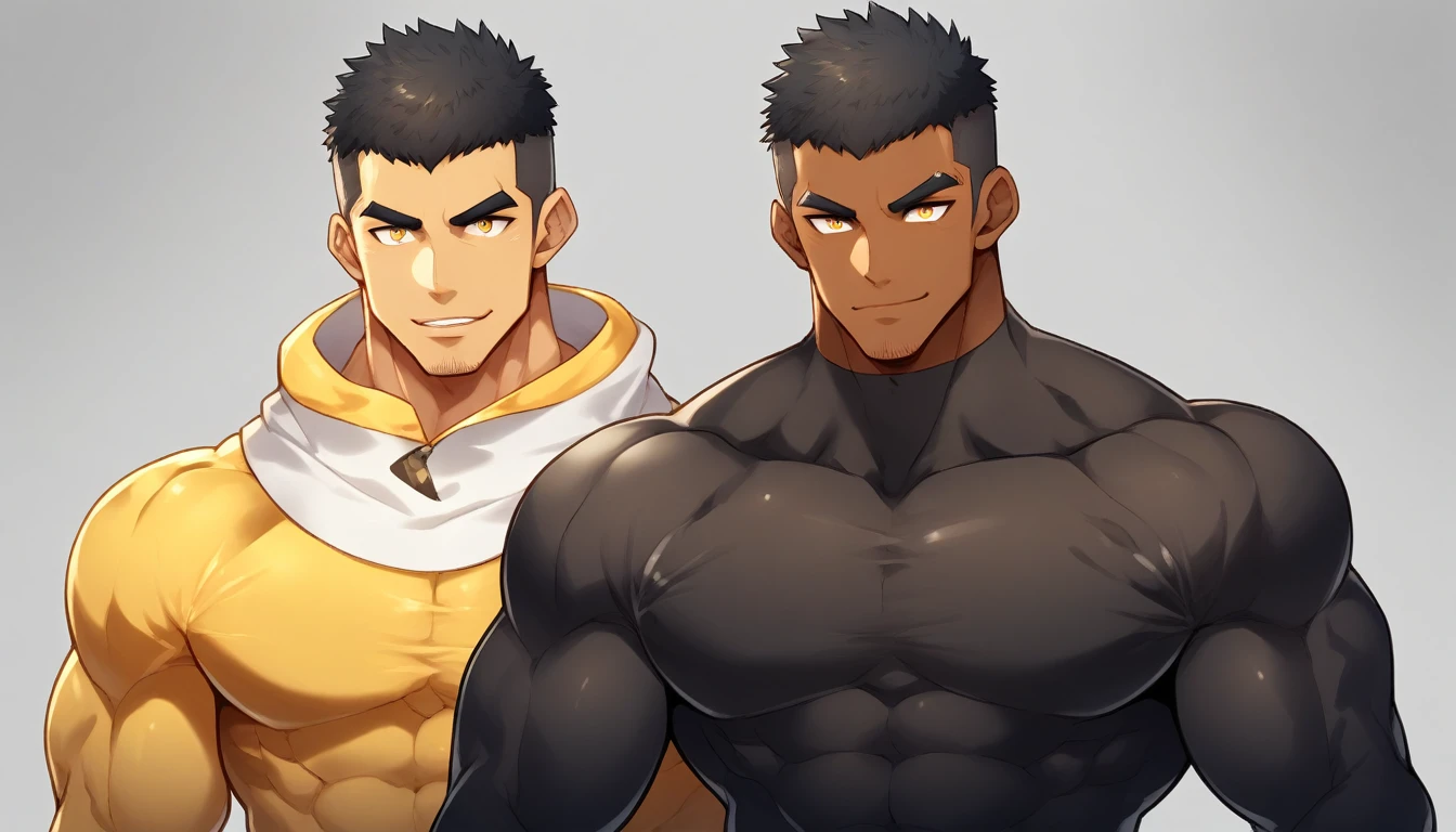 anime characters:Gyee, Muscle Sports Student, negro black skin, 1 dark skin muscular tough guy, Manliness, male focus, Light yellow high collar long sleeve tight T-shirt, Slightly transparent material, Very tight, Round, full and perky chest muscles, Slightly transparent, muscular male, muscular, only, Upper body, alone, Black short hair, Thick eyebrows, stubble, Yellow eyes, Grey background, simple background, amazing quality, best aesthetics, Ridiculous, bright pupils, crew cut, parted lips, seductive smile, torogao, naughty face, drop shadow, best quality