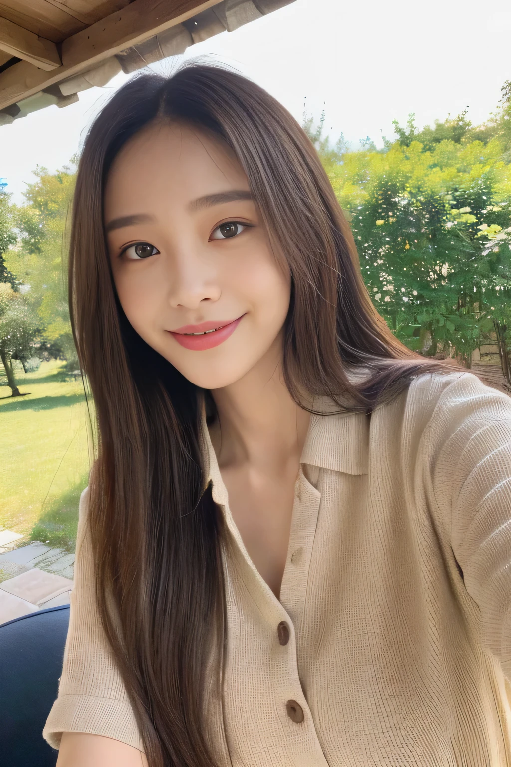 seed:2020674263.((Full body angle:1.1)).((Highest quality, 8K, masterpiece:1.3)), ((from below:1.1)).concentrated:1.2, Perfect body beauty:1.4, Hips:1.2, ((Delicate Hair)), (Colorful button-through crop shirt :1.1) , ((Highest quality、8k、masterpiece:1.3))、1 Girl、A sloppy smile、Esbian all over、Slim face、Big Boobs、Beautiful woman、(Dark Brown Hair)、Long Hair、1.1、Flickering Valley、Detailed eyes、double eyelid、Blurred Background、超Slim face、Smile、Looking down、stroll、