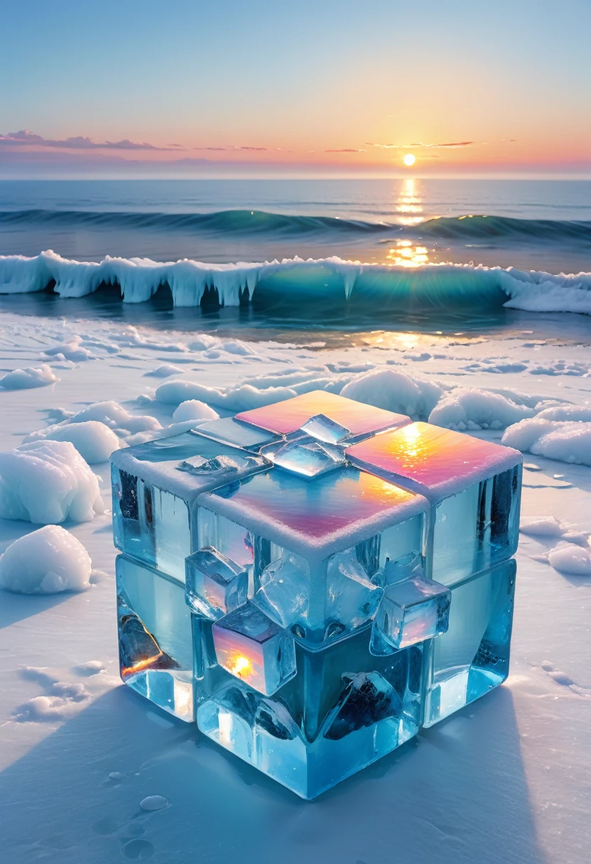 An oil painting：(((sunrise，Ocean，horizon，peaceful)))，(Ice cubes里的红色玫瑰：1.37)，Ice cubes，cube，Frozen Rose，Refracted Light