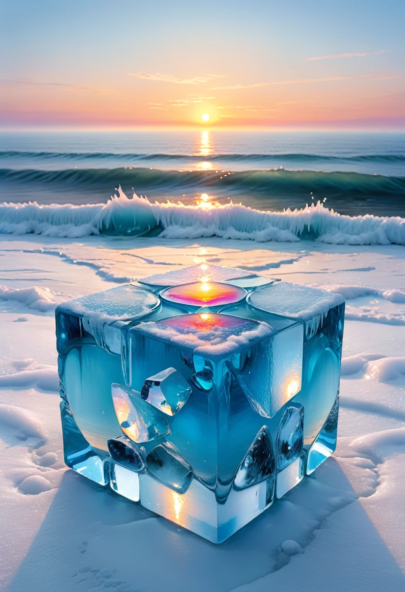 An oil painting：(((sunrise，Ocean，horizon，peaceful)))，(Ice cubes里的红色玫瑰：1.37)，Ice cubes，cube，Frozen Rose，Refracted Light