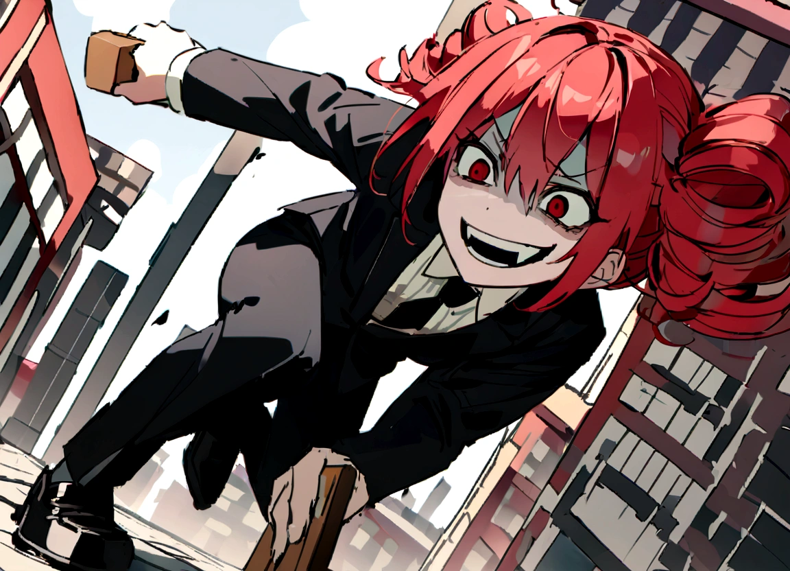 Red hair、Black suit、Black slacks、Wearing leather shoes、Have a hammer、Scary smile、In town、Daytime