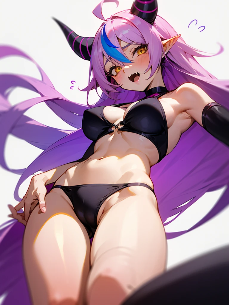 pink haired female with horns and a triangle under panties, lying down, looking upwards, 1girl, cameltoe, la+ darknesss, virtual youtuber, blush, swimsuit, solo, bikini, horns, long hair, navel, breasts, yellow eyes, from below, pointy ears, ahoge, black bikini, streaked hair, purple hair, grey hair, multicolored hair, open mouth, demon horns, simple background, thighs, fang, looking at viewer, bangs, @ @, white background, hair between eyes, flying sweatdrops