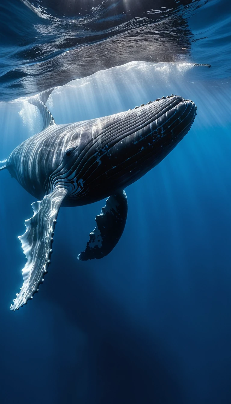 Underwater Photography，Whale，clear blue sea，dawn，masterpiece，Extreme large number of details，Light and dark contrast，Hyper HD，masterpiece，Award-winning works，The best quality at its best，High resolution，16K，Photographic realism
