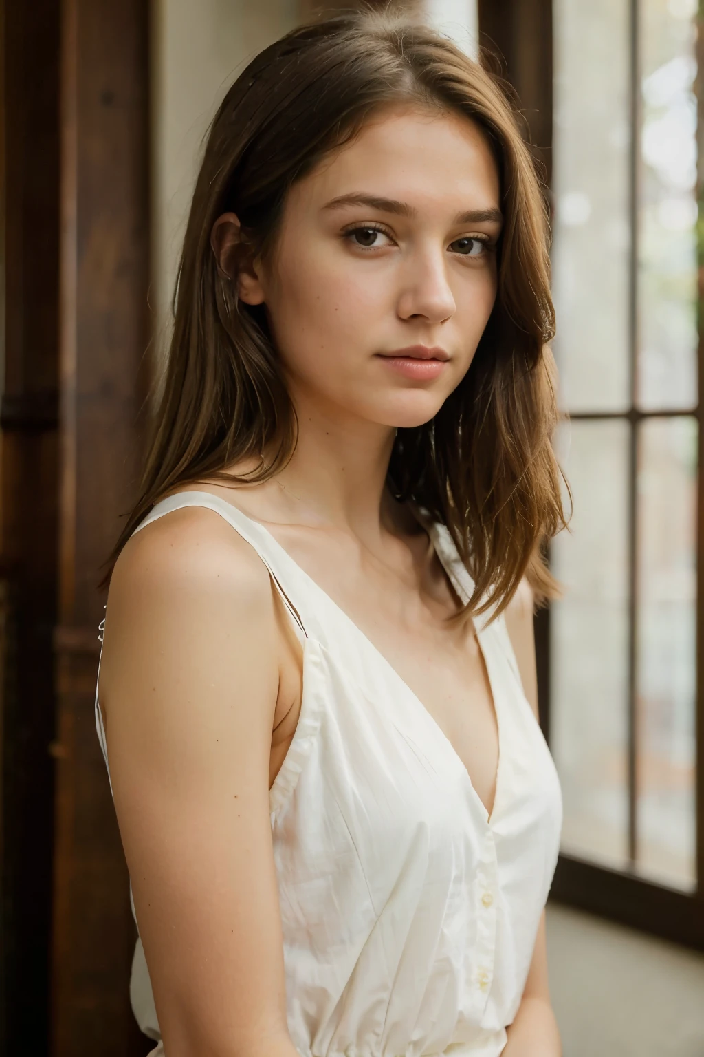 ((best quality)), ((masterpiece)), (detailed), 1Australian girl, rown-haired,straight and a medium length hair, brown eyes, ultra realistic ,4K A photorealistic portrait of  sitting in a library-like cafe in Germany,