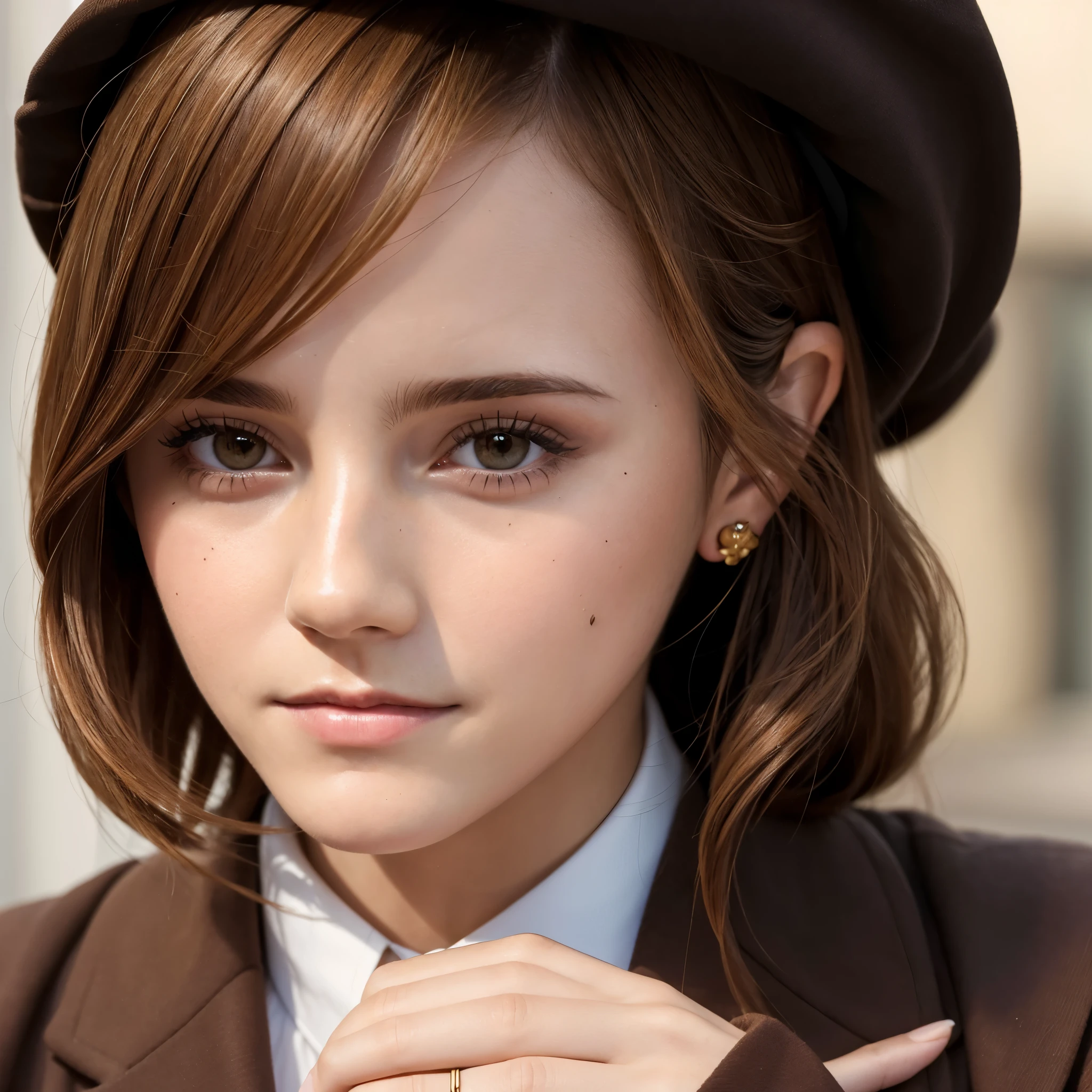 Close-up of a woman in a brown suit taking a photo, Emma Watson portrait, portrait of Emma Watson, clear portrait of Emma Watson, portrait photo of Emma Watson, Emma Watson as driada, Emma Watson modeling for gucci, karol bak of Emma Watson nun, Emma Watson, Emma!! Watson!!, photo of Emma Watson, with the face of Emma Watson