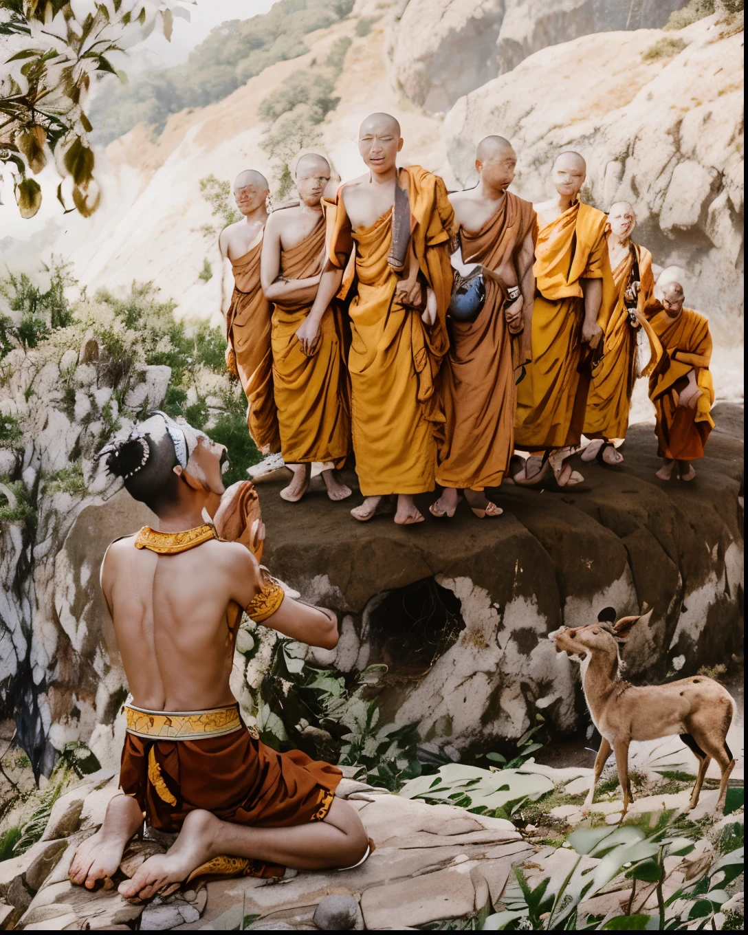A kings who went on hunting surprisingly saw a group of Buddhist monks on a rock and worshipped them on his knees.