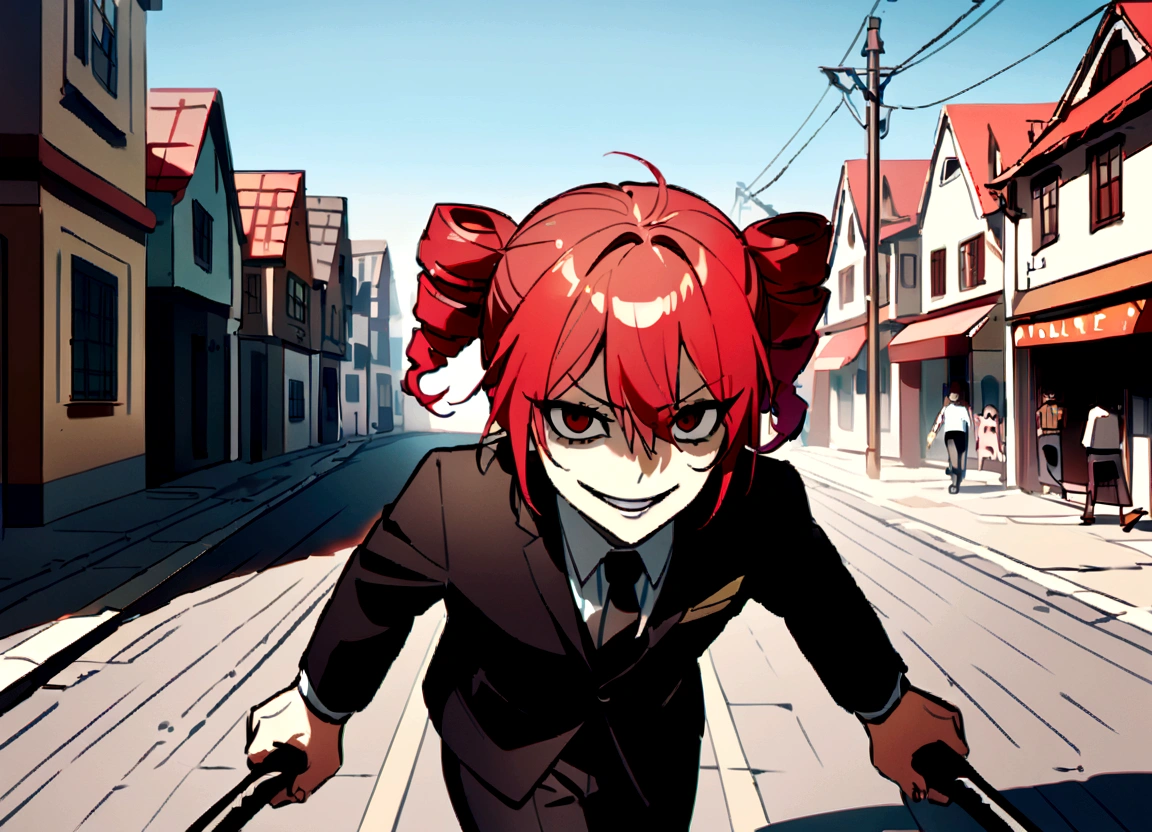 Red hair、Black suit、Black slacks、Wearing leather shoes、Holding a metal bat、Scary smile、In town、Daytime