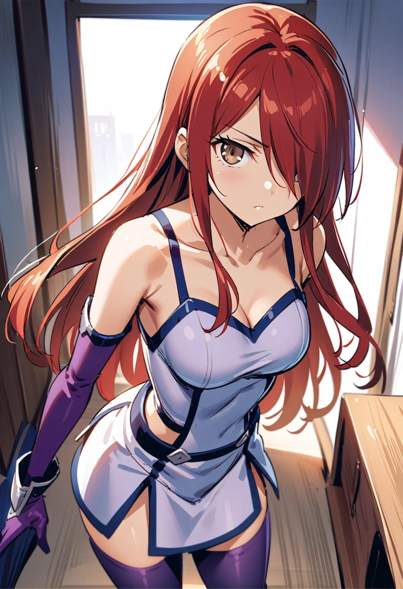 hmanga, (best quality, masterpiece:1.2), ultra detailed, (anime), 1girl, Erza Scarlet \(Fairy Tail\), bare shoulders, looking at viewer, collarbone, brown eyes, hair over one eye, red hair, long hair, purple gloves, purple thighhighs, standing, (looking at viewer), (front view), room,