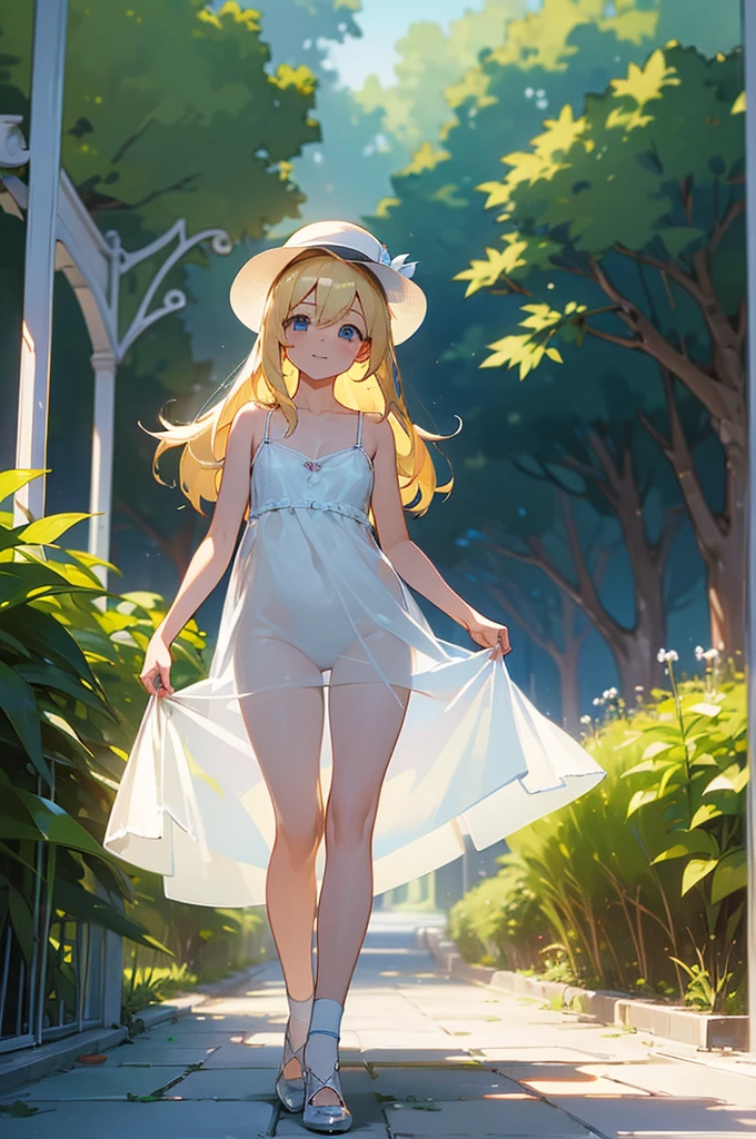 (high quality, High resolution, Very detailed, reality:1.37), Peaceful atmosphere, (Outdoor, garden), 5 year old girl standing alone, (my breasts are small.), Beautiful details, Cute Smile, (Long blonde hair), ((Sheer white see-through camisole dress)), White socks, White high heels、White Hat.Browsing Caution、((See-through breasts))、((The crotch is visible))No pants((naked))