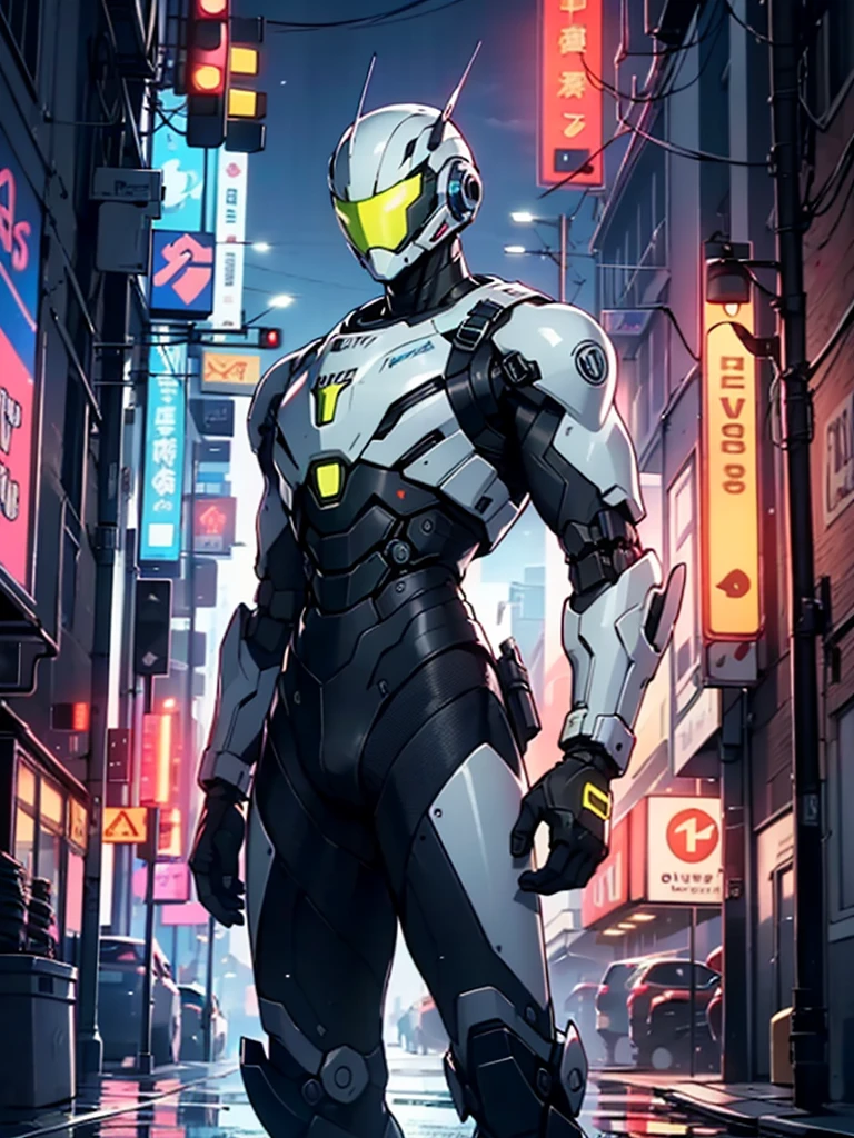 Imposing white titanium metal android robot,three meters tall and with a minimalist design that highlights its marked metallic musculature. His head is smooth and adorned with soft blue lights that highlight his uniqueness and futurism.

He carries a metal backpack on his back that contains drones,turrets,and firearms. The backpack has spidery legs that allow it to move quickly.

Although most of his body is a deep,glossy white,there are orange,purple,and blue details that highlight his striking,futuristic design. It is undoubtedly an impressive creation that does not go unnoticed.

(((muscular))),hypermuscle, hyper muscles,hyper realastic,carbon robot,humanoid robot, robot, robot joints, joints, helmet, armor, head-mounted display,

(dynamic pose:1.0),solo focus,(centered,scale to fit dimensions,Rule of thirds),

cyberpunk city by the ocean at night, with bright neon signs and dark stormy clouds and puddles,

highres, sharp focus, (ultra detailed, extremely detailed), (photorealistic artwork:1.37),(extremely detailed CG unity 8k wallpaper),((synthwave background theme)),(((vibrant colors))),(intricate),(masterpiece),(best quality),synthwave neon colors,