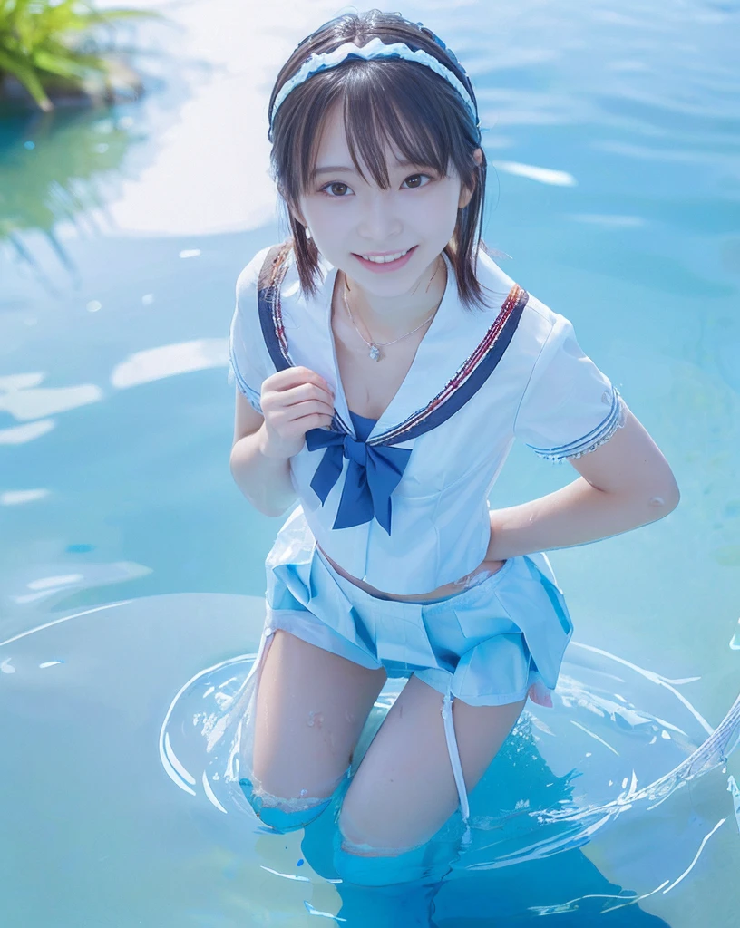 (NFSW)、(High resolution:1.5)、Highest quality,Very detailed,masterpiece,Super detailed,alone,(One 12 year old girl),((Summer School Uniforms:1.5)), Seraphim, ((skirt:1.5)), smile, Thigh fetish images: 1.5、(((barefoot)))、(Her thighs and white bikini reflected in the clear blue water)、(reflected in water:1.5)、((I can see the white string panties:1.5))、(Cleavage)、((Clear blue seawater))、Summer sun、はしゃいだsmile、Beautiful Eyes、(pull-out-panties)、(Panties on knees)、Big necklace and tiara、The water is marine blue、