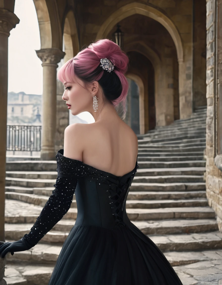 ((masterpiece, Highest quality, Best image quality, High resolution, Realistic, RAW Photos, 8K)), Woman in black evening dress, (Long pink hairhair tied back, Jeweled wig, Long gloves, Glass Slipper, Bare shoulders, Bare back), Looking back from halfway up the wide staircase leading to the castle, Look down,far away shot,widea angle taken