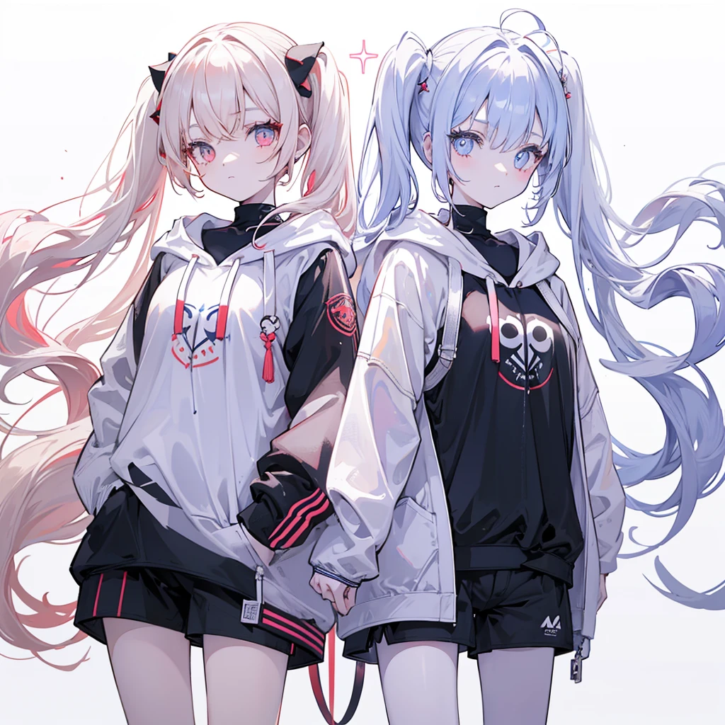 Two girls,
the first one has red eyes and beige hair in twin tails,
the second one has blue eyes and white hair in side tails,
they are both wearing sporty hoodies and shorts in monochrome, colorful on white background, glowing, stars, light, ephemeral,, mirrornun