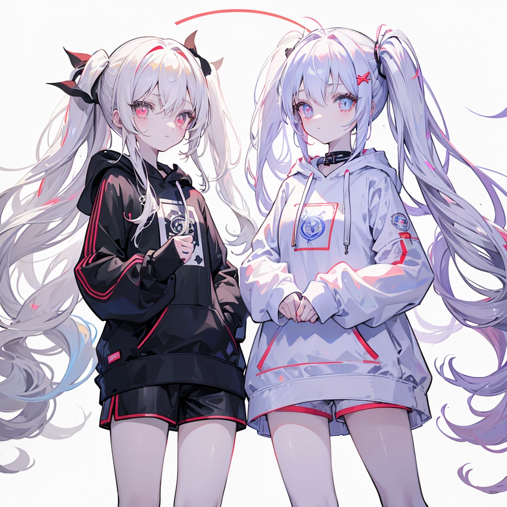 Two girls,
the first one has red eyes and beige hair in twin tails,
the second one has blue eyes and white hair in side tails,
they are both wearing sporty hoodies and shorts in monochrome, colorful on white background, glowing, stars, light, ephemeral,, mirrornun