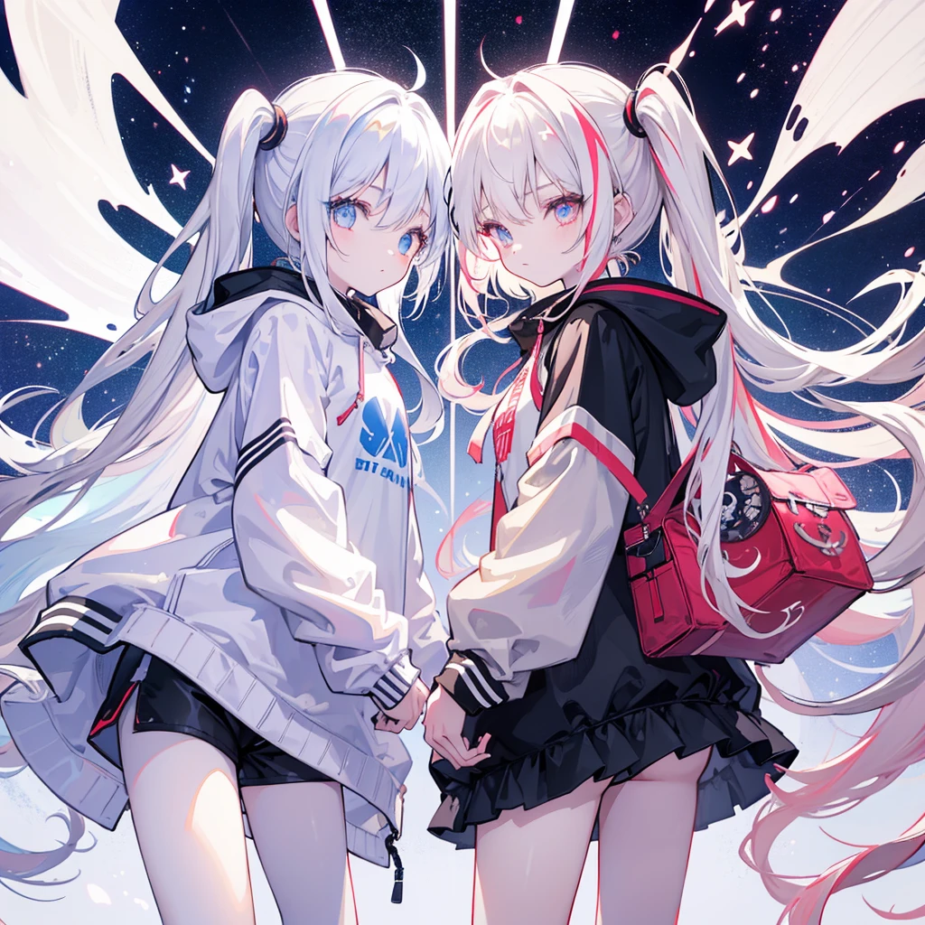 Two girls,
the first one has red eyes and beige hair in twin tails,
the second one has blue eyes and white hair in side tails,
they are both wearing sporty hoodies and shorts in monochrome, colorful on white background, glowing, stars, light, ephemeral,, mirrornun