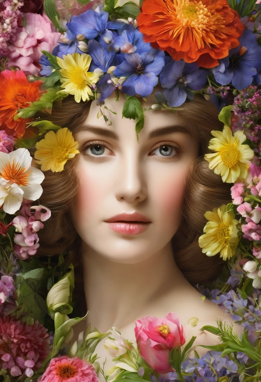 Woman in flowers, close-up, high resolution, very good quality. Bouquets that delight our eyes today appeared in France, where in the Middle Ages flower compositions were composed as interior decorations, as decorative elements, and flowers were also used to create hairstyles.