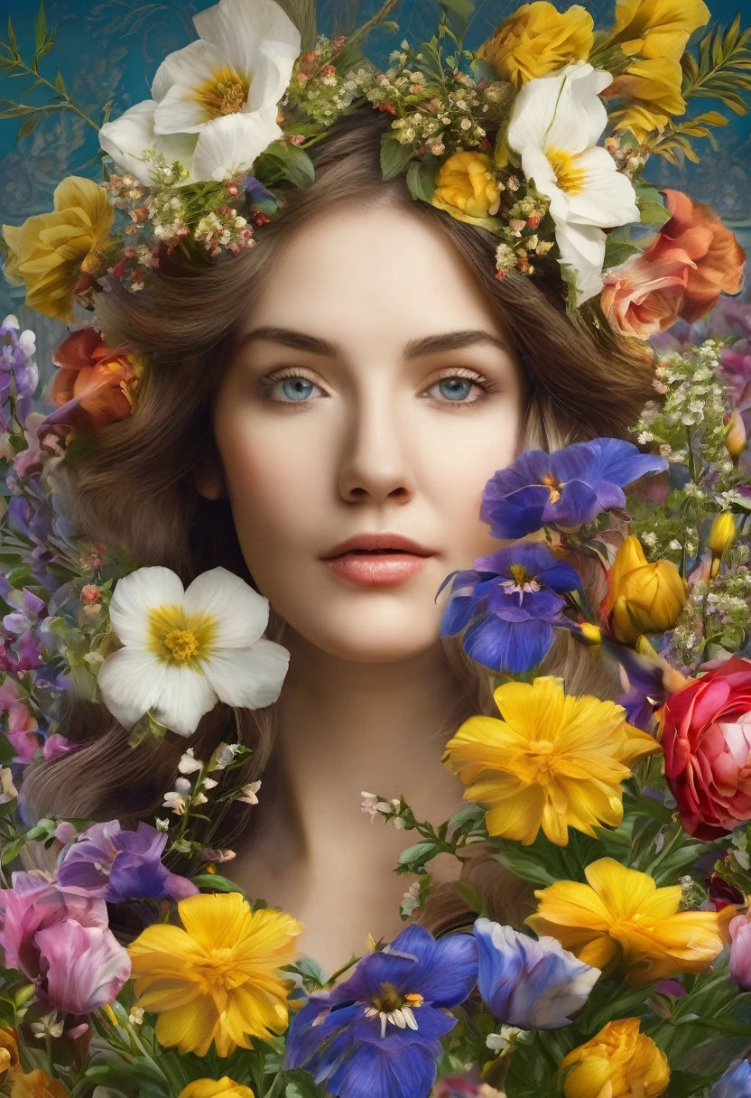 Woman in flowers, close-up, high resolution, very good quality. Bouquets that delight our eyes today appeared in France, where in the Middle Ages flower compositions were composed as interior decorations, as decorative elements, and flowers were also used to create hairstyles.