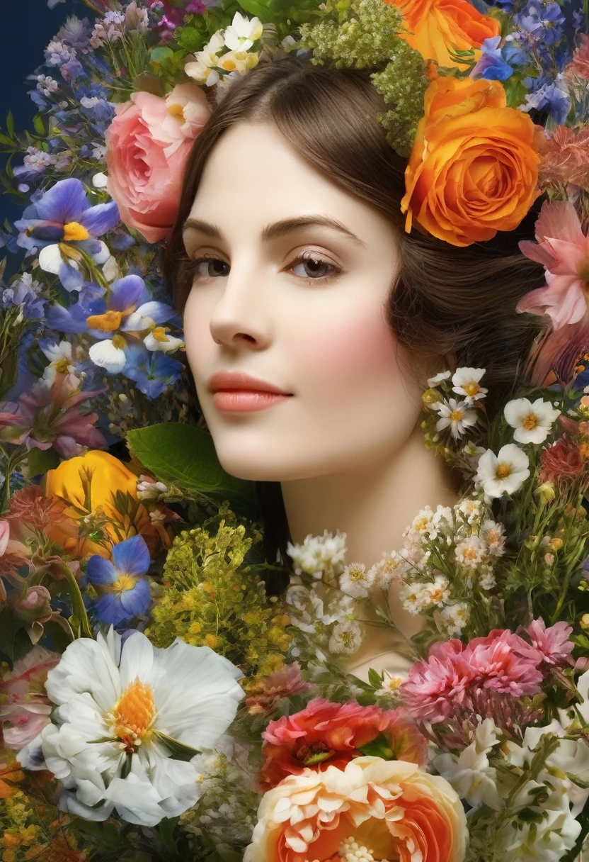 Woman in flowers, close-up, high resolution, very good quality. Bouquets that delight our eyes today appeared in France, where in the Middle Ages flower compositions were composed as interior decorations, as decorative elements, and flowers were also used to create hairstyles.