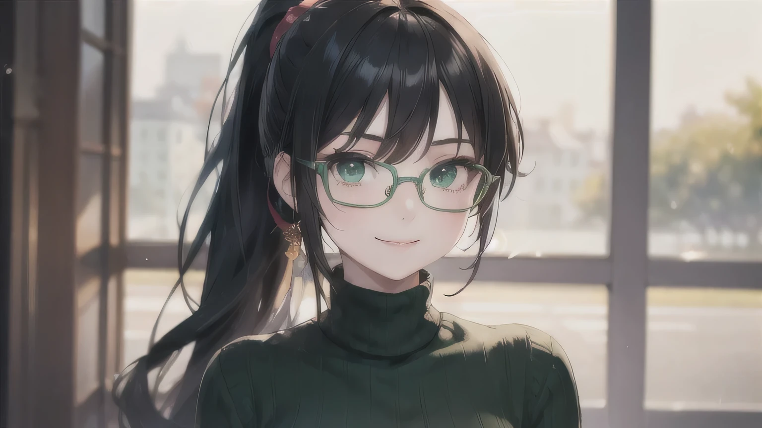 Black Hair、Ponytail at the bottom、Glasses、One Girl,27 years old,Beautiful Face,Upper Body、Sharp focus,turtleneck、Serious smile、Green Eyes、sexy、Green clothes