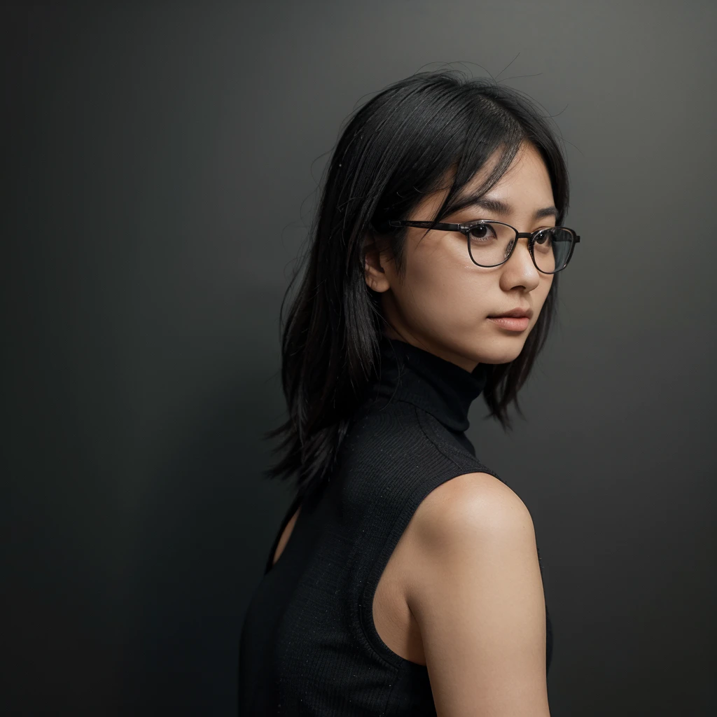 an Asian girl, black turtleneck, glasses, black hair, perfect, facing forward, masterpiece, no background, without poses