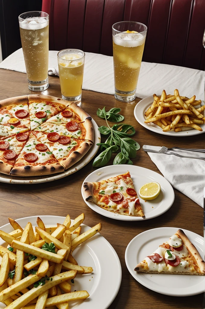 the food on the restaurant table is a plate of pizza, a glass of sparkling water and fries