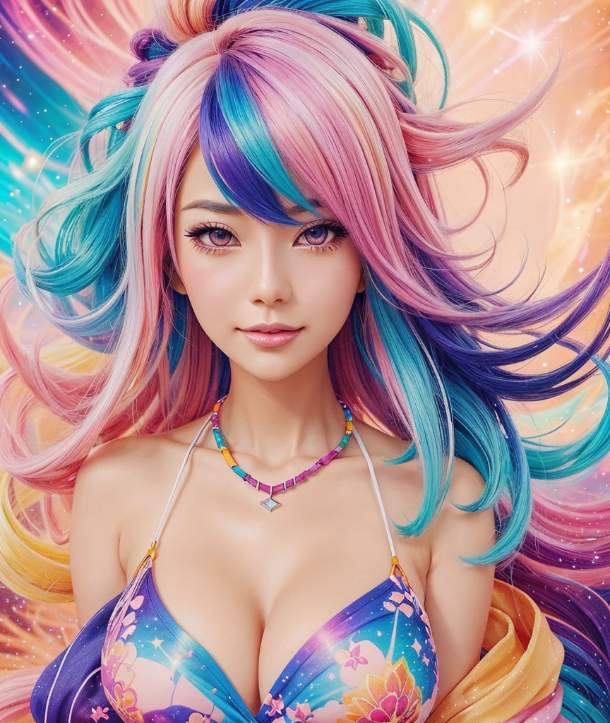 (masterpiece, highest quality, highest quality,watercolor (Moderate),Official Art, beautifully、aesthetic:1.2),(One girl:1.3), (Fractal Art:1.3), View your viewers,pattern,(Rainbow Hair,colorful hair,Half Blue、Half pink hair:1.2),water,liquid, cloud,colorful, Starry sky,performer,from the front,Smile,See-through costume,Upper body and thighs