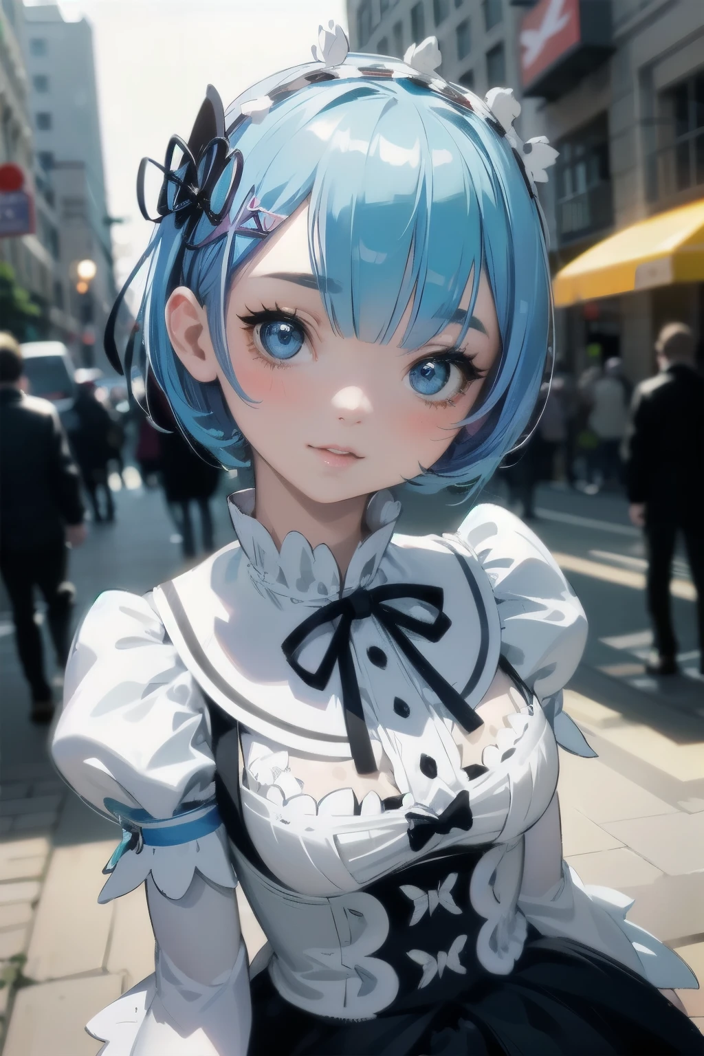 beautiful detailed eyes, beautiful detailed lips, extremely detailed eyes and face, long eyelashes, 1girl, chibi, kawaii, cute, , photo-realistic, hyperrealistic, street fashion, cosplay, rem from re:zero, full body, smiling, fantasy, fantasy art, digital painting, cinematic lighting, dramatic lighting, vibrant colors, highly detailed, sharp focus, volumetric lighting, photorealistic, 8k, best quality, masterpiece