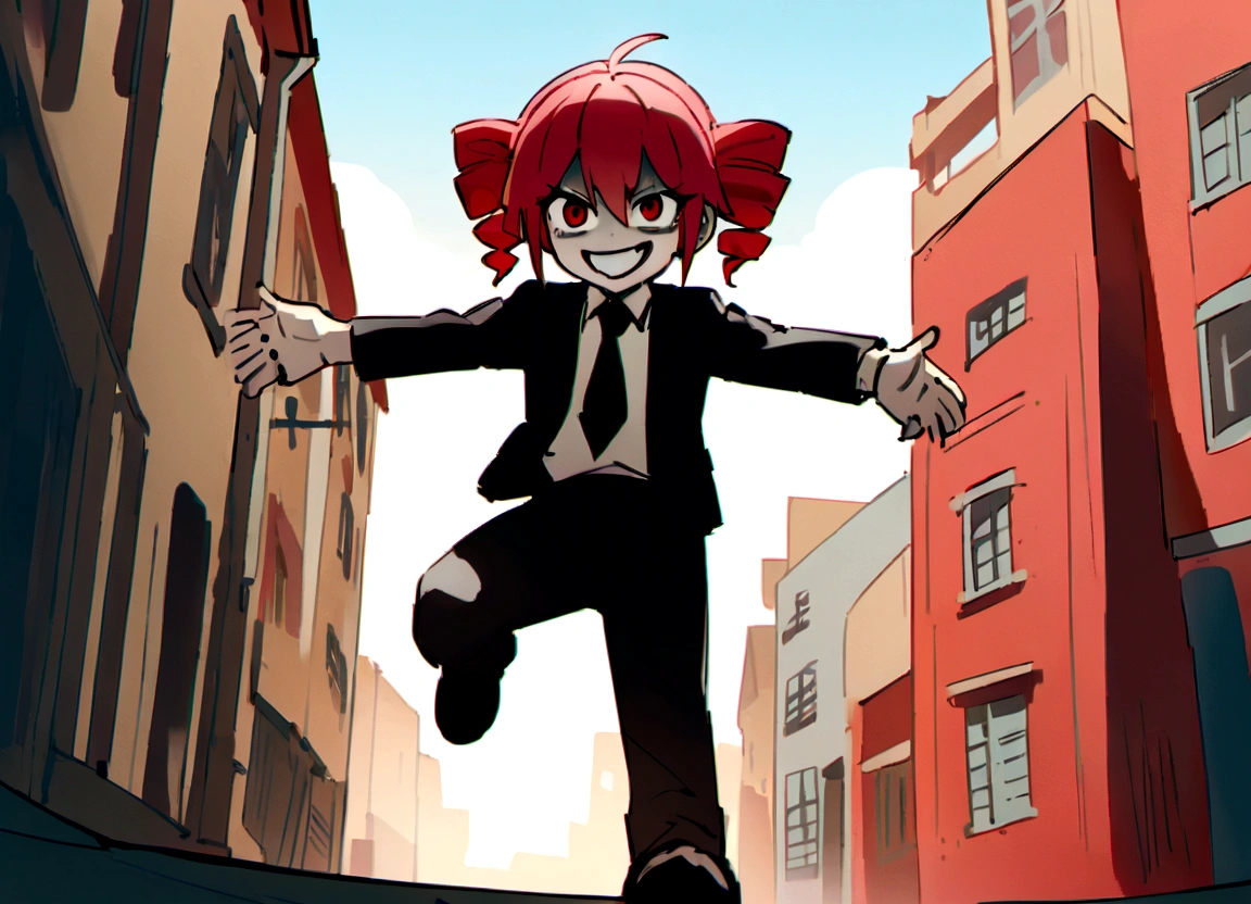 Red hair、Black suit、Black slacks、Wearing leather shoes、Holding a metal bat、Scary smile、In town、Daytime