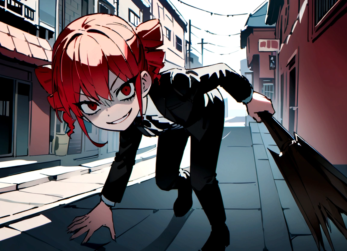Red hair、Black suit、Black slacks、Wearing leather shoes、Holding a metal bat、Scary smile、In town、Daytime
