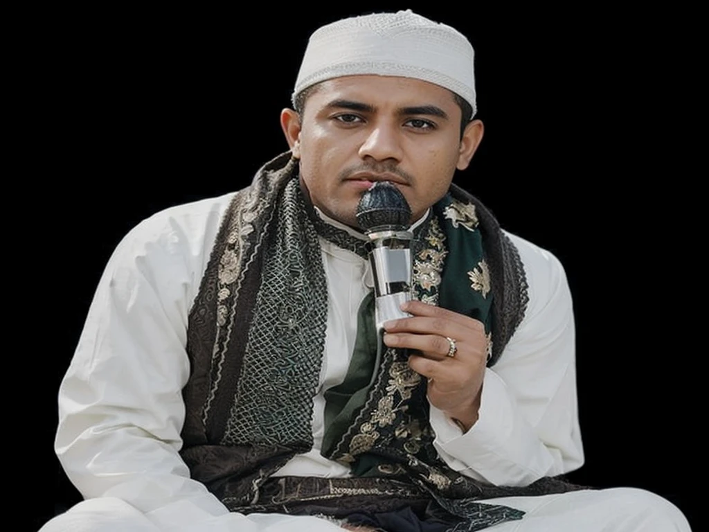 Dark green background with additional mosque accents, clouds, a little light on the shoulders and head of the photo.