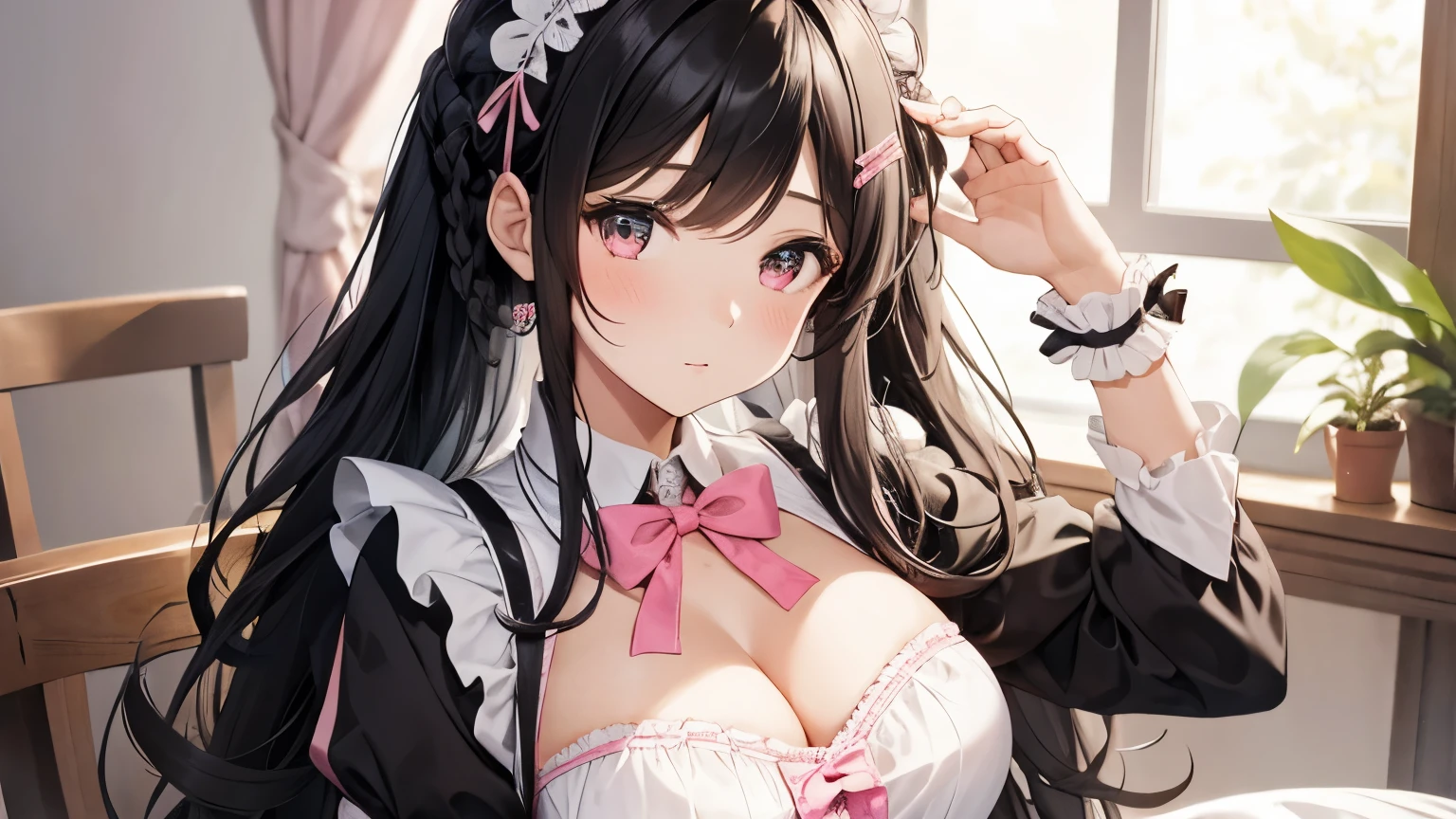A beautiful girl wearing a pink maid outfit with lots of frills and lace Long sleeve Black hair braid with hair ornament Upper Body Big Breasts