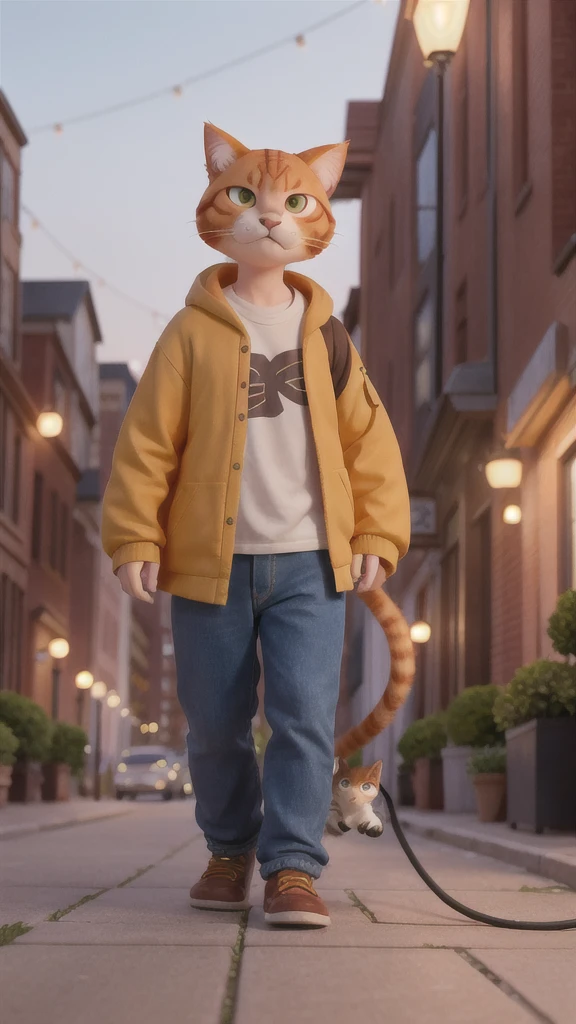 「A big ginger cat街を歩いている。He looks hungry and tired.。」
A big ginger cat、Walking along the sidewalk in the evening city。Old brick buildings and street lights can be seen in the background。The cat looks tired、I'm a little depressed。
Second