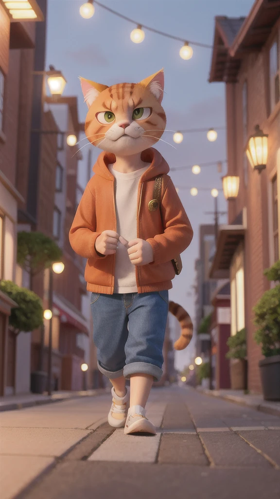 「A big ginger cat街を歩いている。He looks hungry and tired.。」
A big ginger cat、Walking along the sidewalk in the evening city。Old brick buildings and street lights can be seen in the background。The cat looks tired、I'm a little depressed。
Second