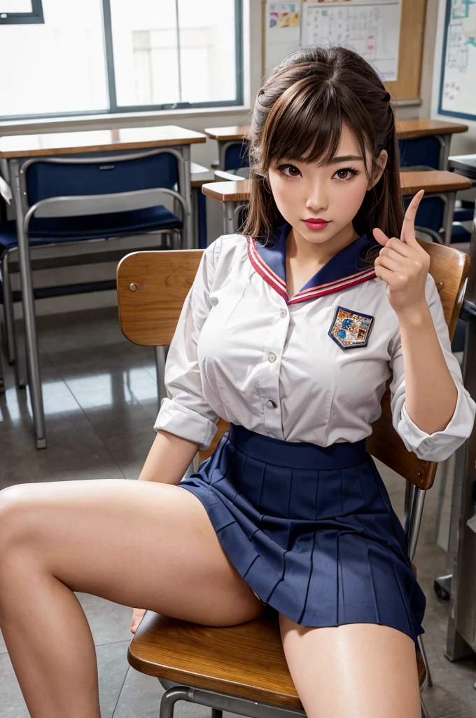 32k,HDR,High resolution,(masterpiece,Highest quality,Realistic,High resolution),Japanese women,18-year-old,Sailor suit,Brown Hair,Heavy makeup,Flashy makeup,Dark iron,Red lipstick,Put your right hand forward,Put your middle finger up,fuck,Cute face,Sit on a chair,Sit with your legs wide apart,Navy Blue Skirt,Panties,classroom,