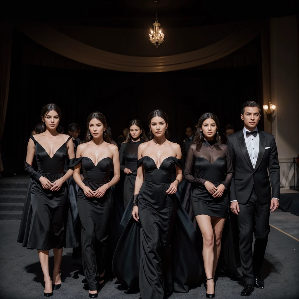 Capture the elegance and sophistication of eight individuals, comprising four men and four women, dressed in black attire. The four men don black tuxedos, while the four women adorn themselves in long black gowns. They stand side by side on the grand opera stage, exuding an air of utmost refinement and poise. Ensure the image is a realistic, ultra HD portrayal of this scene.