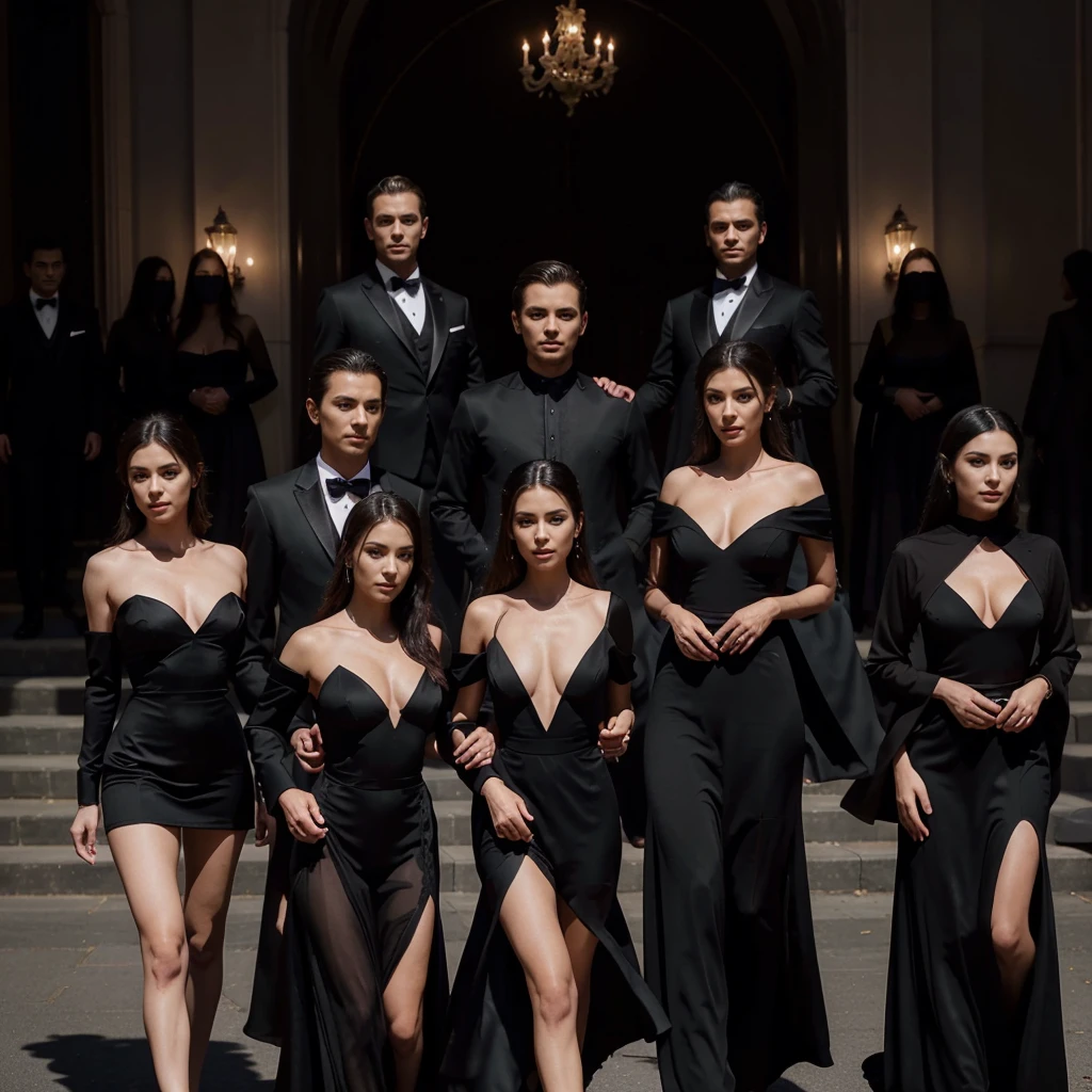 Capture the elegance and sophistication of eight individuals, comprising four men and four women, dressed in black attire. The four men don black tuxedos, while the four women adorn themselves in long black gowns. They stand side by side on the grand opera stage, exuding an air of utmost refinement and poise. Ensure the image is a realistic, ultra HD portrayal of this scene.