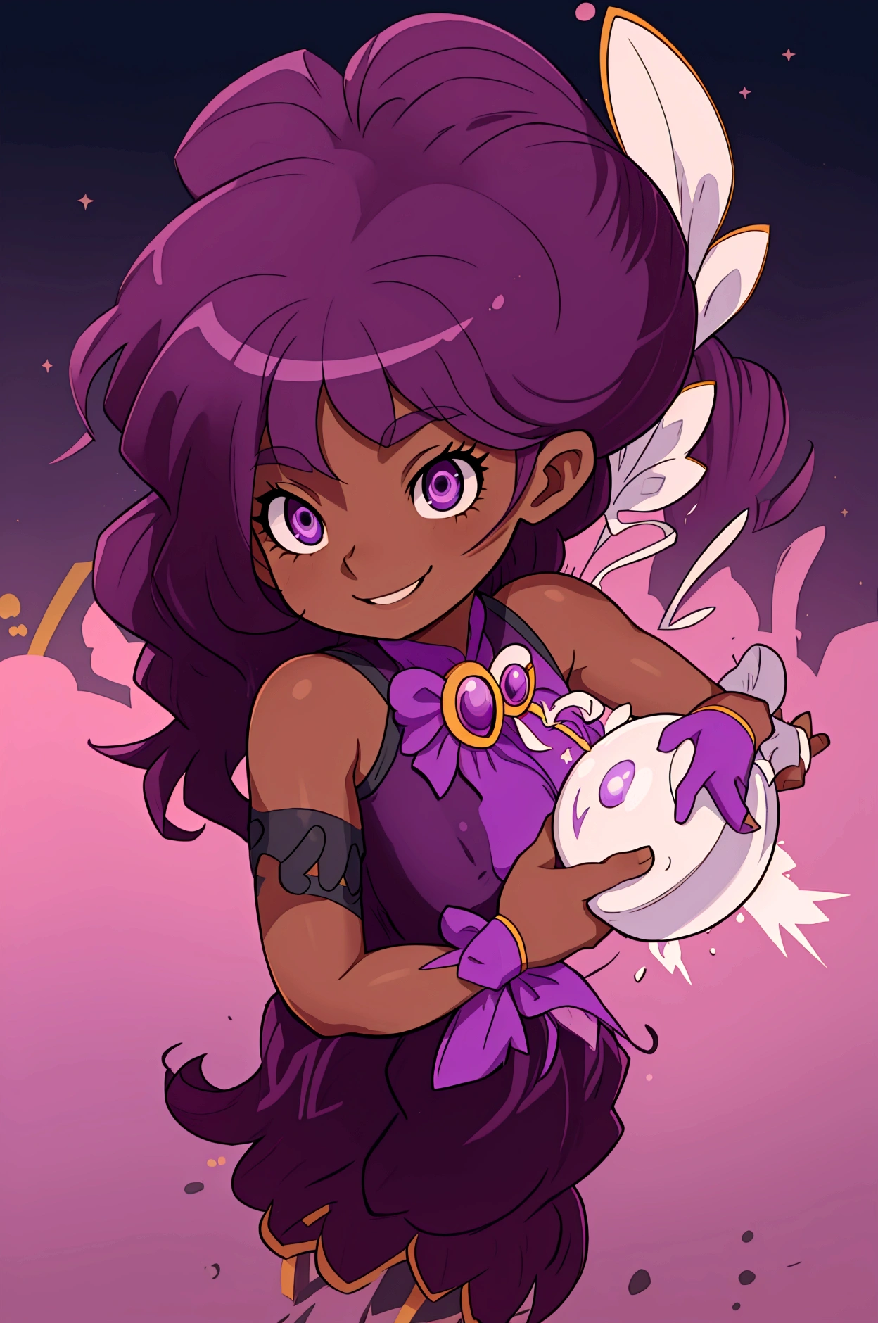 Dark skin, 1girl, purple hair, long hair, purple eyes, lipgloss, Star twinkle precure outfit, magical girl clothes, mediumbreasts, magical septer, magical aura, cute smile,