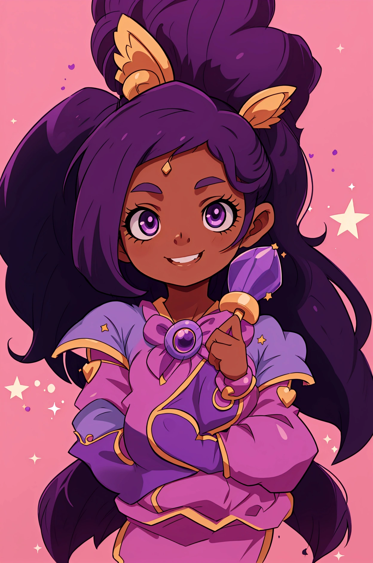 Dark skin, 1girl, purple hair, long hair, purple eyes, lipgloss, Star twinkle precure outfit, magical girl clothes, mediumbreasts, magical septer, magical aura, cute smile,