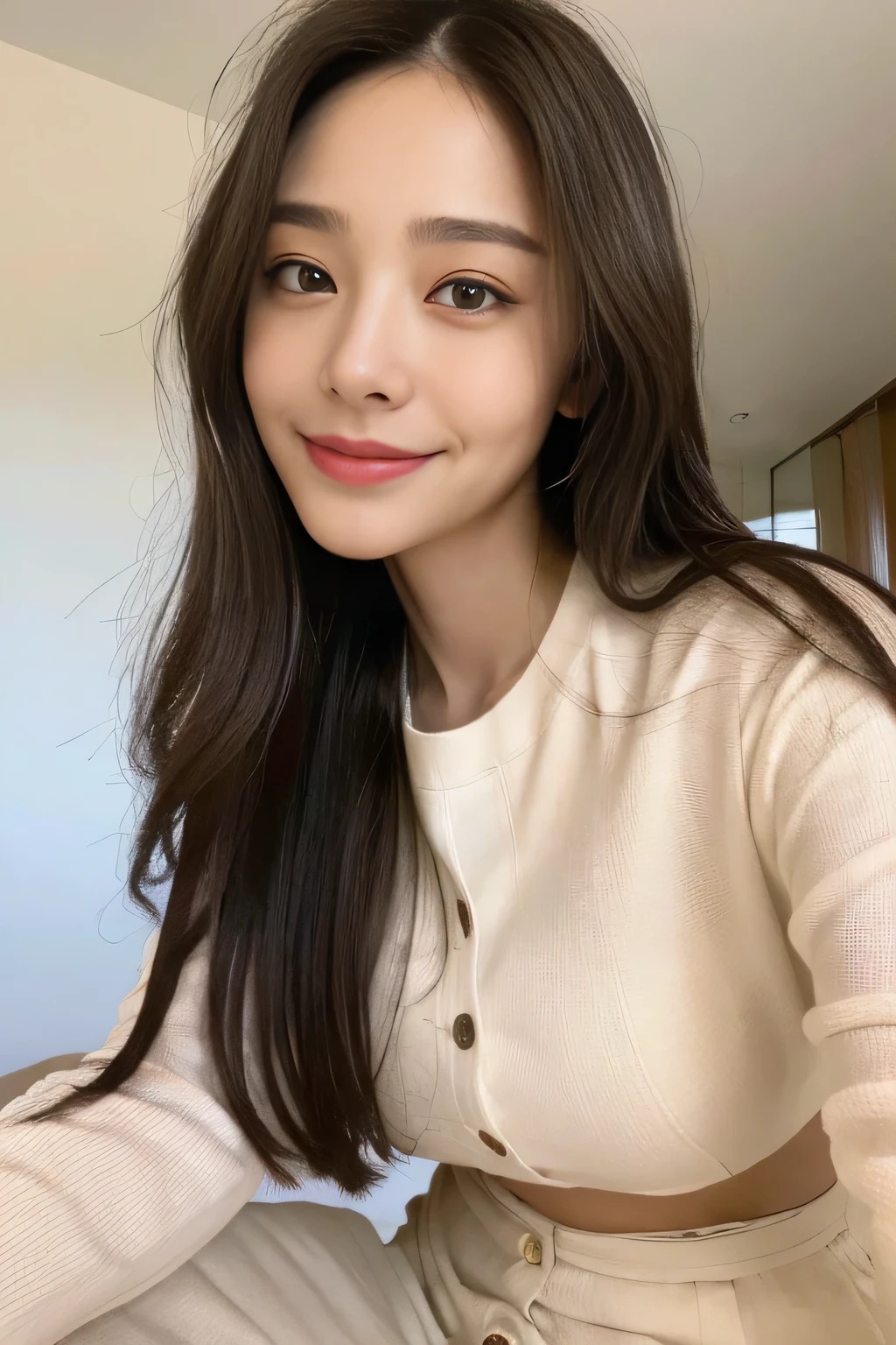 seed:2020674263.((Full body angle:1.1)).((Highest quality, 8K, masterpiece:1.3)), ((from below:1.1)).concentrated:1.2, Perfect body beauty:1.4, Hips:1.2, ((Delicate Hair)), (Colorful button-through crop shirt :1.1) , ((Highest quality、8k、masterpiece:1.3))、1 Girl、A sloppy smile、Esbian all over、Slim face、Big Boobs、Beautiful woman、(Dark Brown Hair)、Long Hair、1、Flickering Valley、Detailed eyes、double eyelid、Blurred Background、超Slim face、Smile、Looking down、stroll、