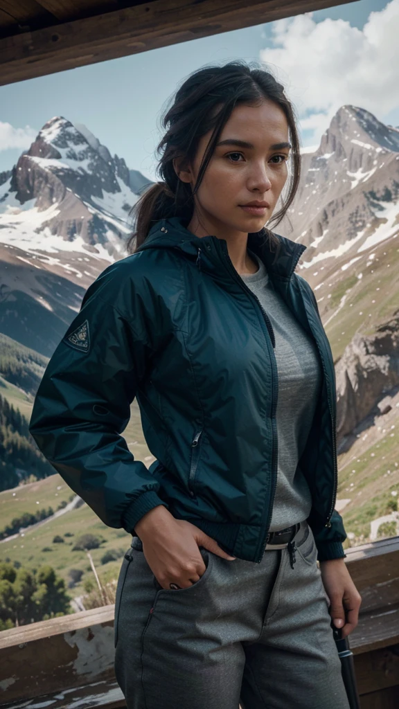 a beautiful woman, mountain climbing, 60L backpack, windproof jacket, long mountain trousers, mountain shoes, trekking pole, lush mountainous landscape, detailed facial features, detailed clothing, extremely detailed, photorealistic, 8k, ((best quality,4k,8k,highres,masterpiece:1.2),ultra-detailed,(realistic,photorealistic,photo-realistic:1.37)), HDR, UHD, studio lighting, ultra-fine painting, sharp focus, physically-based rendering, extreme detail description, professional, vivid colors, bokeh, landscape