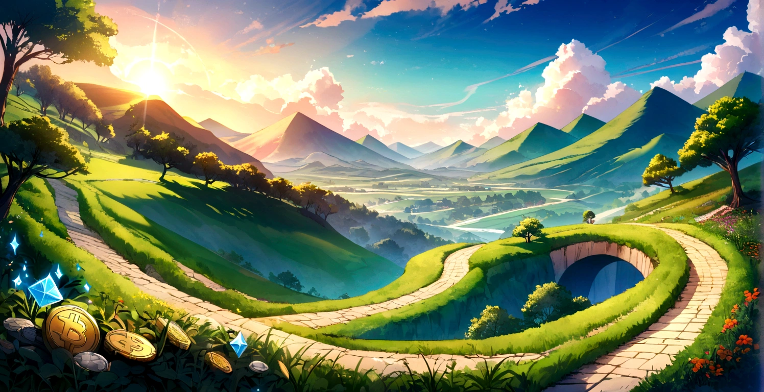Illustrate a vast field with a backdrop of clear blue skies. Include images of various cryptocurrencies like Bitcoin, Ethereum, and other altcoins growing. Incorporate natural elements such as trees, green hills, and a sunrise casting a golden glow on the coins. Depict a winding pathway traversing the field, indicating directions to explore various opportunities. Add an image of a seeker looking forward with enthusiasm, embodying the spirit of adventure and exploration in seeking opportunities in the crypto world.