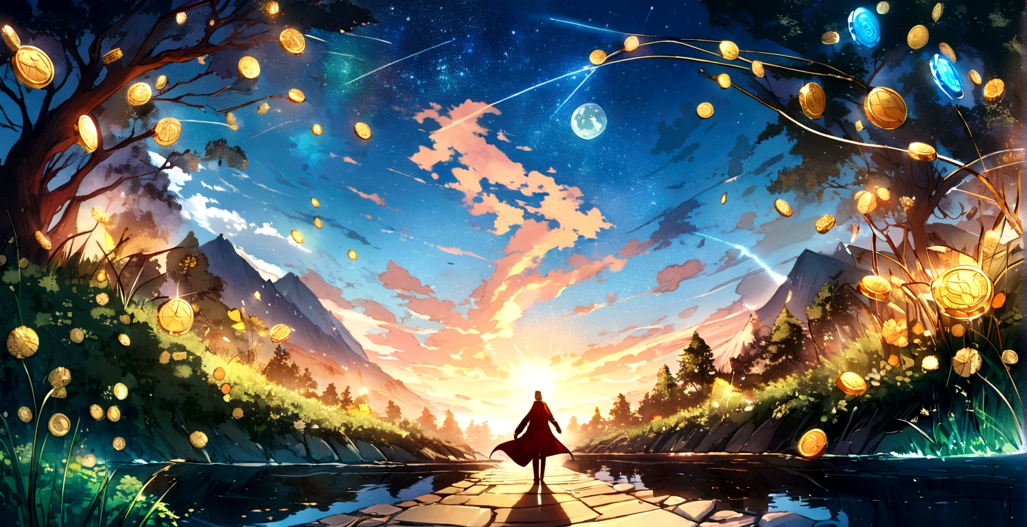 Illustrate a vast field with a backdrop of clear blue skies. Include images of various cryptocurrencies like Bitcoin, Ethereum, and other altcoins growing. Incorporate natural elements such as trees, green hills, and a sunrise casting a golden glow on the coins. Depict a winding pathway traversing the field, indicating directions to explore various opportunities. Add an image of a seeker looking forward with enthusiasm, embodying the spirit of adventure and exploration in seeking opportunities in the crypto world.