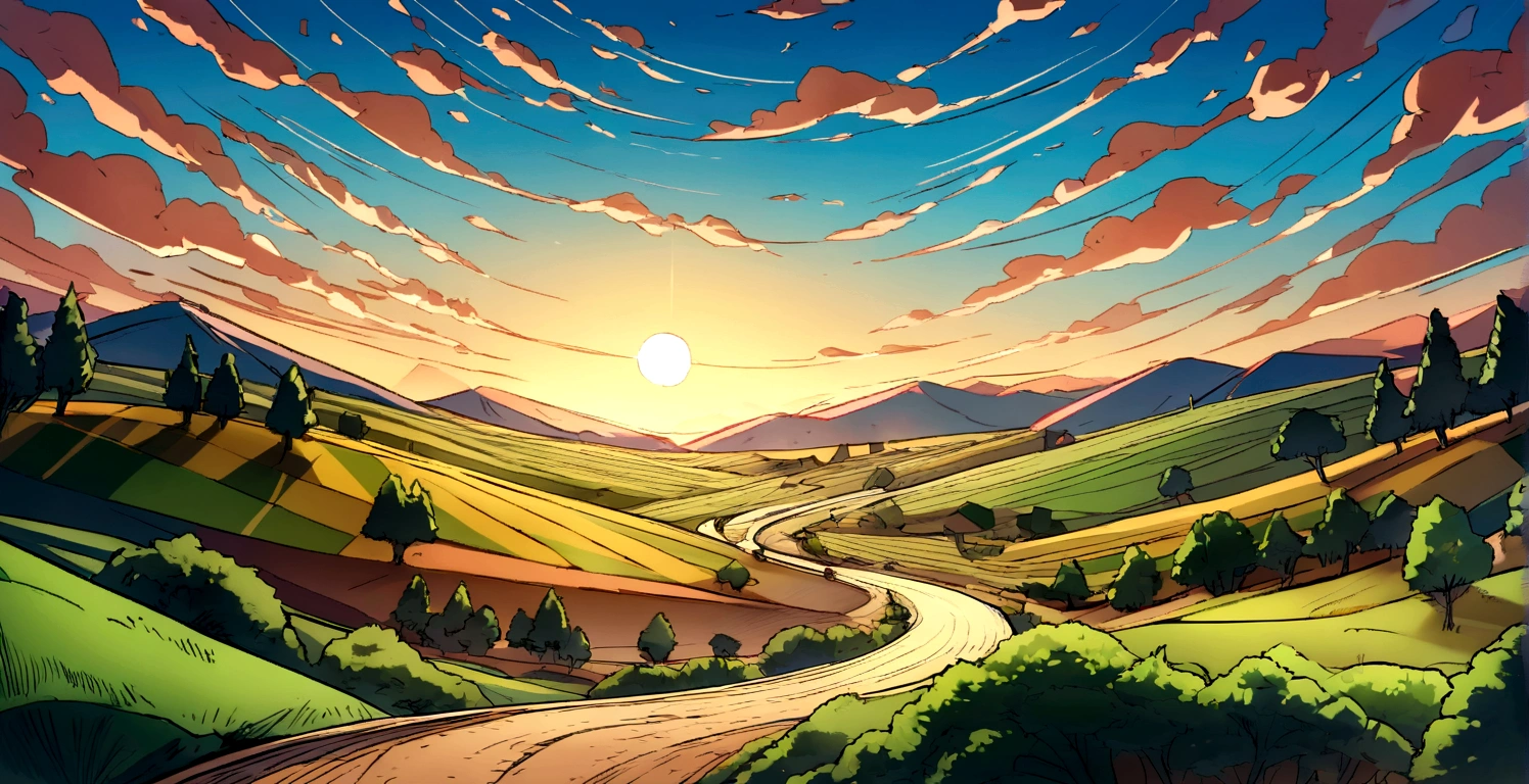 Illustrate a vast field with a backdrop of clear blue skies. Include images of various cryptocurrencies like Bitcoin, Ethereum, and other altcoins growing. Incorporate natural elements such as trees, green hills, and a sunrise casting a golden glow on the coins. Depict a winding pathway traversing the field, indicating directions to explore various opportunities. Add an image of a seeker looking forward with enthusiasm, embodying the spirit of adventure and exploration in seeking opportunities in the crypto world.