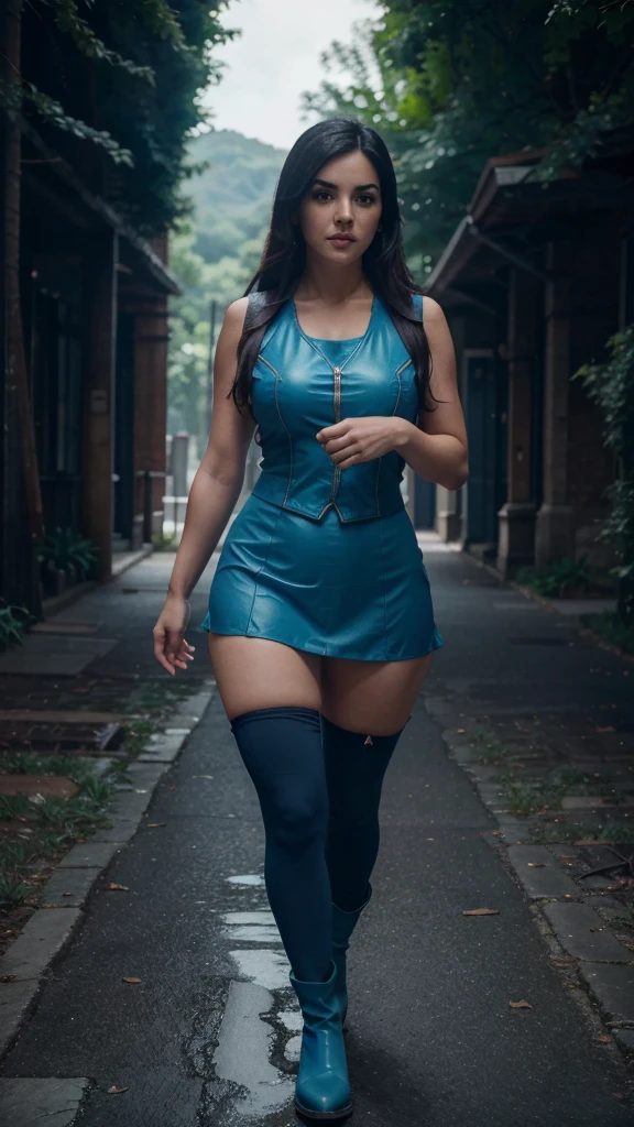 full body length, aesthetic anatomy, Maite Perroni wears Aqua outfit from KonoSuba's anime, tight sleeveless dark blue vest, swipe dark blue skirt, hightights dark blue boots, dynamic angle, highly detailed, natural details, masterpiece, 4K quality, 8k resolution 
