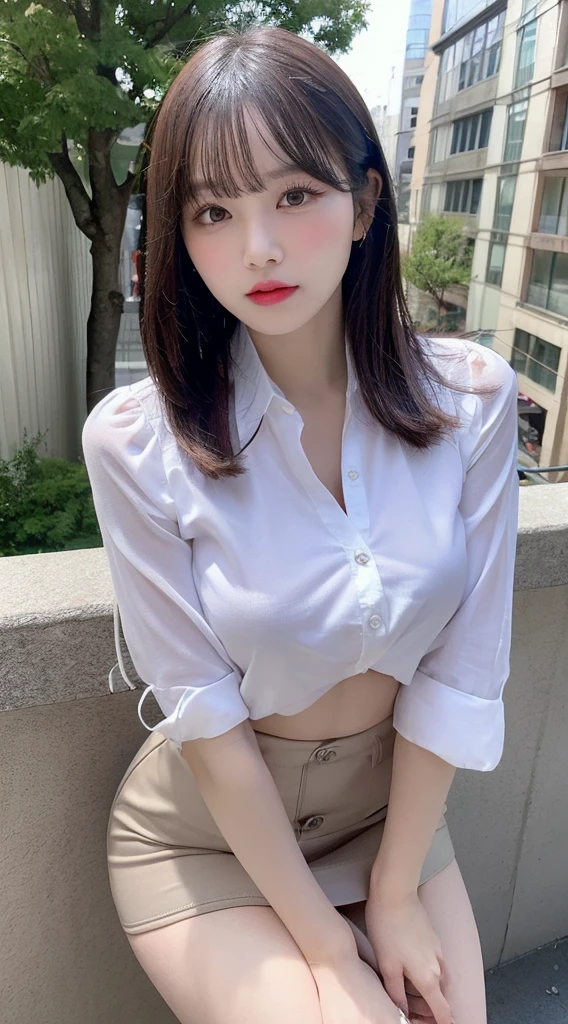 ,Highest quality, figure, Super detailed, In detail, High resolution, 8k wallpaper, Thick lips、Perfect dynamic composition, Glossy with oil々Skin、Korean、Open the buttons on your shirt、Undressing、Taking off a sexy short skirt、Shiny thighs,Thick thighs、Narrow waist、Big Breasts、 Natural color lip, Bold sexy pose,Balcony in the morning、cute、Selfie、NSFW、Incême、Up Angle、Selfie、