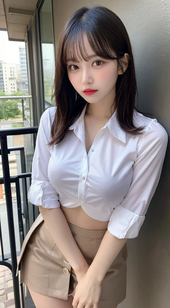 ,Highest quality, figure, Super detailed, In detail, High resolution, 8k wallpaper, Thick lips、Perfect dynamic composition, Glossy with oil々Skin、Korean、Open the buttons on your shirt、Undressing、Taking off a sexy short skirt、Shiny thighs,Thick thighs、Narrow waist、Big Breasts、 Natural color lip, Bold sexy pose,Balcony in the morning、cute、Selfie、NSFW、Incême、Up Angle、Selfie、