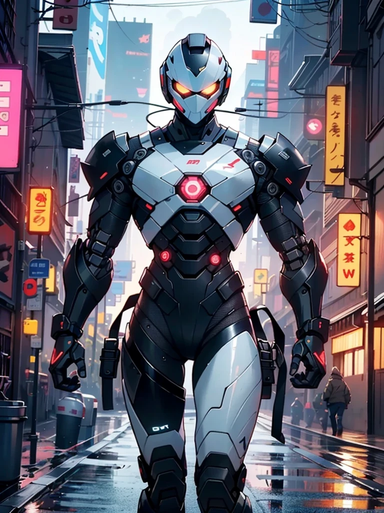 Imposing white titanium metal android robot,three meters tall and with a minimalist design that highlights its marked metallic musculature. His head is smooth and adorned with soft blue lights that highlight his uniqueness and futurism.
He carries a metal backpack on his back that contains drones,turrets,and firearms. The backpack has spidery legs that allow it to move quickly.
Although most of his body is a deep,glossy white,there are orange,purple,and blue details that highlight his striking,futuristic design. It is undoubtedly an impressive creation that does not go unnoticed.
(((muscular))),hypermuscle, hyper muscles,hyper realastic,carbon robot,humanoid robot, robot, robot joints, joints, helmet, armor, head-mounted display,
(dynamic pose:1.0),solo focus,(centered,scale to fit dimensions,Rule of thirds),
cyberpunk city by the ocean at night, with bright neon signs and dark stormy clouds and puddles,
highres, sharp focus, (ultra detailed, extremely detailed), (photorealistic artwork:1.37),(extremely detailed CG unity 8k wallpaper),((synthwave background theme)),(((vibrant colors))),(intricate),(masterpiece),(best quality),synthwave neon colors,