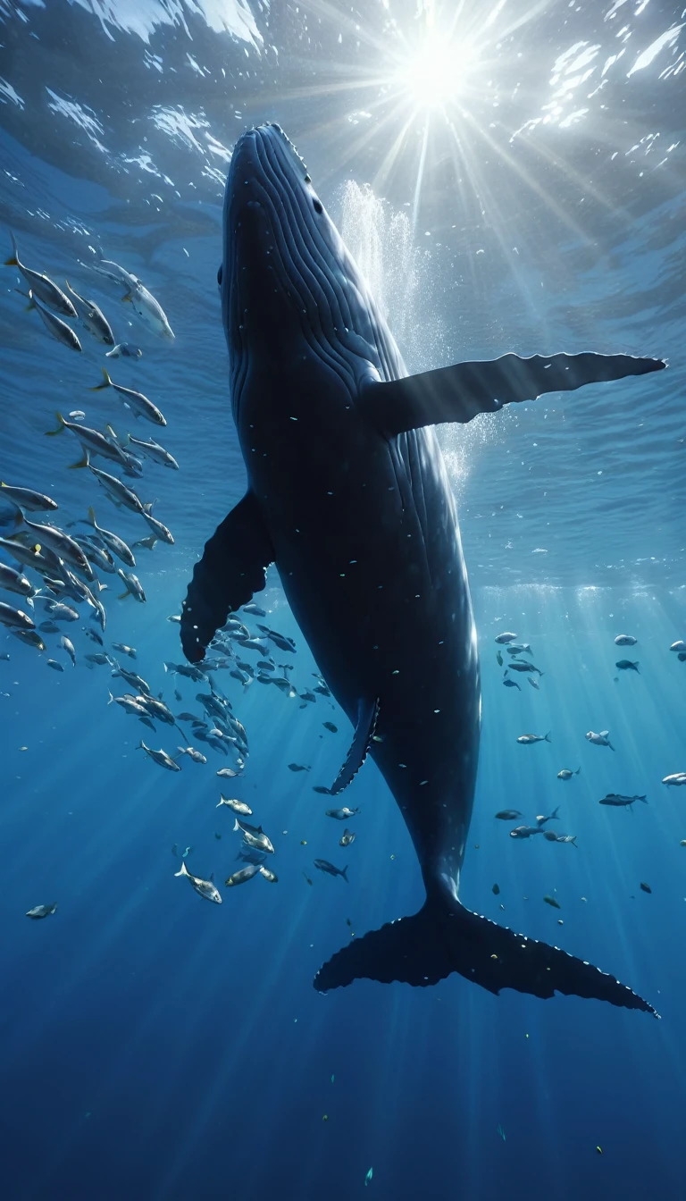 Whale Leap,ocean dance,Surrounded by fish,Realistic Ray Tracing,True Light Reflection,8K,masterpiece,Super quality,Film Effects,granular,realism,Dynamic Perspective